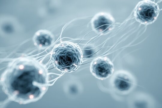 Abstract microscopic view of interconnected cells.  Light-blue tones