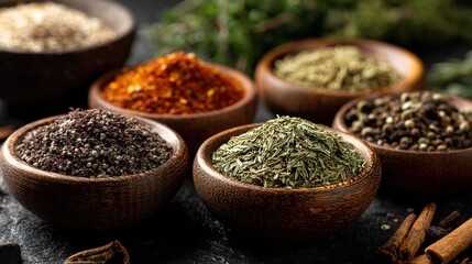 taste. Artisanal collection of dried herbs and spices in wooden bowls, emphasizing natural culinary ingredients. menu design.
