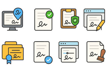 Digital signature outline icon set. document, approval, verify icons collection.