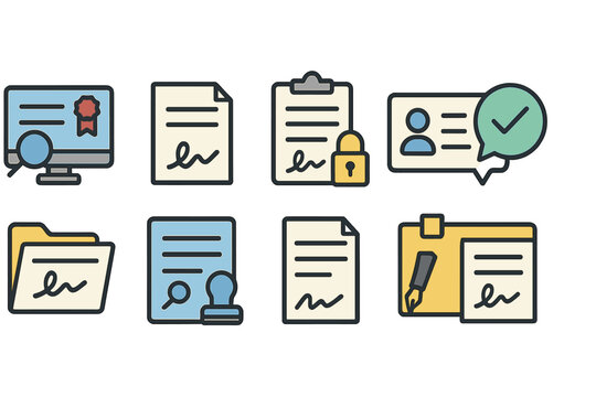 Document management flat icon set. organize, authenticate, secure with ease.