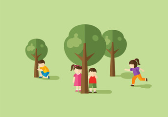 Children playing hide and seek in a park with trees, having outdoor fun and games