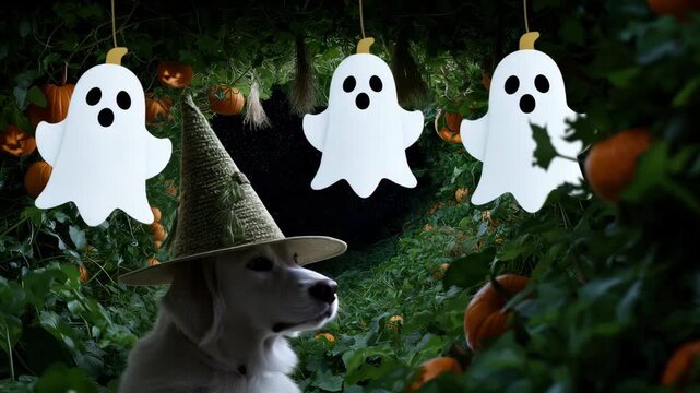 Curious dog in witch hat watches floating ghosts in pumpkin patch night scene