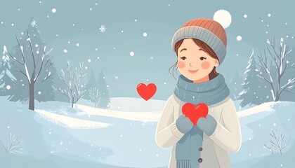 Cute girl in winter wonderland holding a heart
