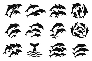 Group icon jumping circular waves dolphins pod dolphin family silhouettes synchronized icons