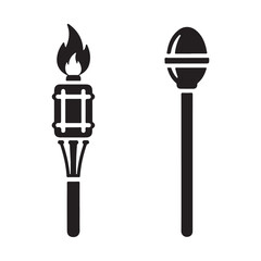 Minimalist Black Vector Icons of Traditional Torch and Stylized Staff