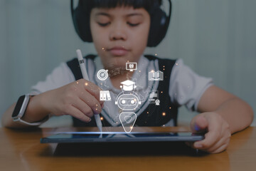 Asian kid using digital pen on tablet with virtual AI tutor icons, concept of smart education, learning technology, online classroom, and artificial intelligence in school.