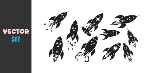 Fototapeta premium Collection of cartoon rockets in black and white illustration