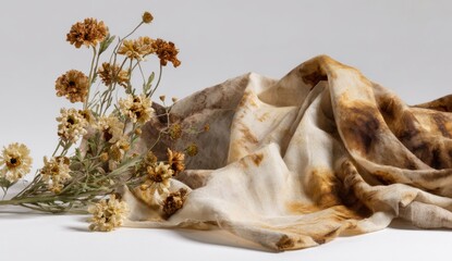 Dried flowers and a draped, tie-dyed fabric