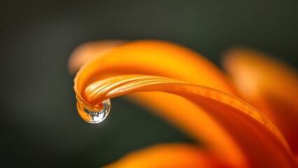 A close-up of an orange flower petal with a water droplet, illuminated by soft backlighting.