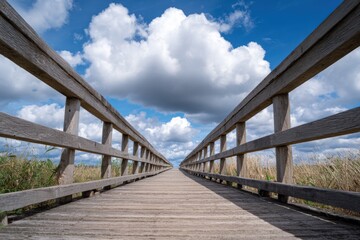 Fototapeta premium Wooden boardwalk leading to a bright sky