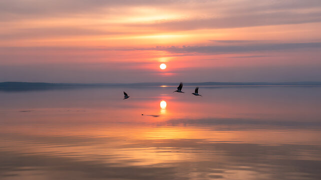 Birds flying over a calm lake at sunset with reflection of the sun on water