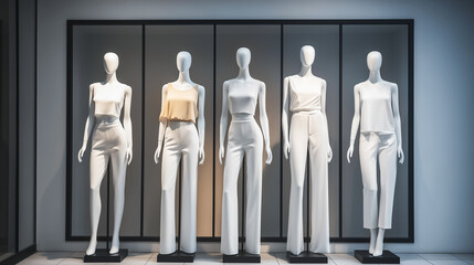 Five female mannequins in a store. Window dressing. Fashionable clothing.