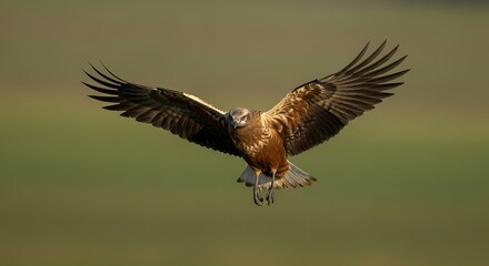 Obraz premium Focused harrier soars, wings spread wide in a scene of majestic flight