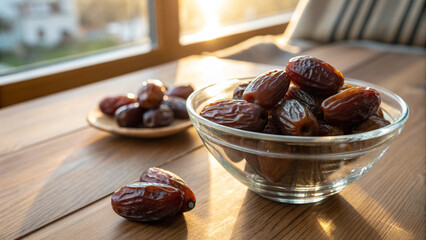 Dates in a glass bowl  on wooded table 