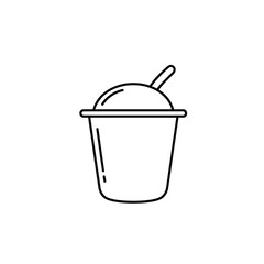 Simple line drawing of a cup with a lid and a spoon, representing a beverage.