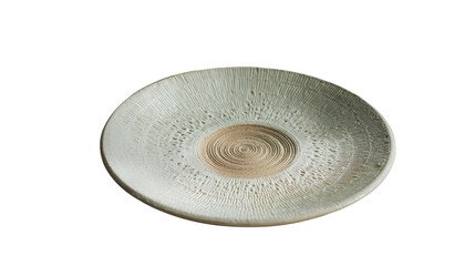 Handmade pottery saucer with central texture pattern, isolated on a Transparent background, PNG file.
