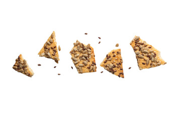 Stacked flax and sunflower seed cookies isolated on a white background are perfect for snack branding, packaging visuals,