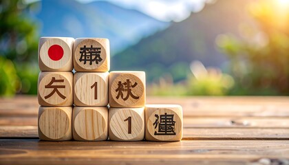 Wooden dice with Japanese characters and numbers are stacked on a wooden surface. A blurred green background with mountains is visible. Warm sunlight bathes the scene