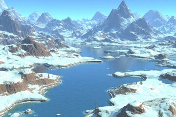 A vast, icy landscape with snow-capped mountains and a serene lake