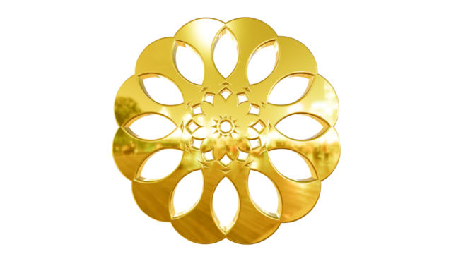 Golden Abstract Mandala-like Design with Luxurious Reflections on a Sleek Black Background