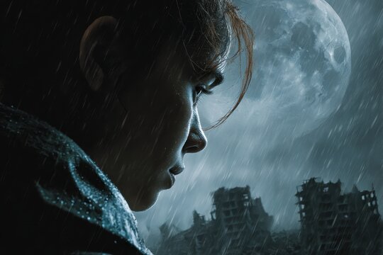 
Profile portrait of a girl in the rain against the backdrop of a supermoon and a destroyed city, copied space for the concept of the destruction of life in depressive disorders

