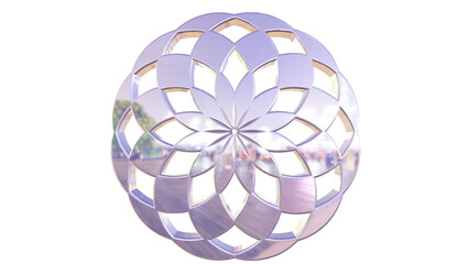 Elegant Metallic Geometric Mandala on Black Background with Reflective Urban Light and Lavender Hues