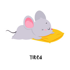 Little Mouse Tired Lying on Pillow Demonstrating English Verbs for Educational Activity Vector Illustration