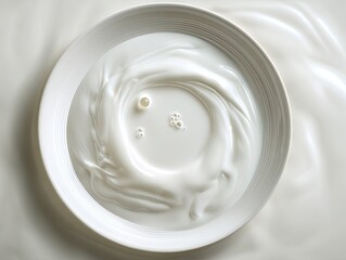 Milk swirls in a white bowl
