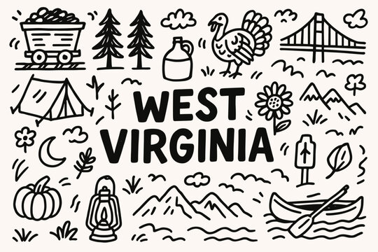 West virginia outline icon set. nature, landmarks, and camping icons collection.