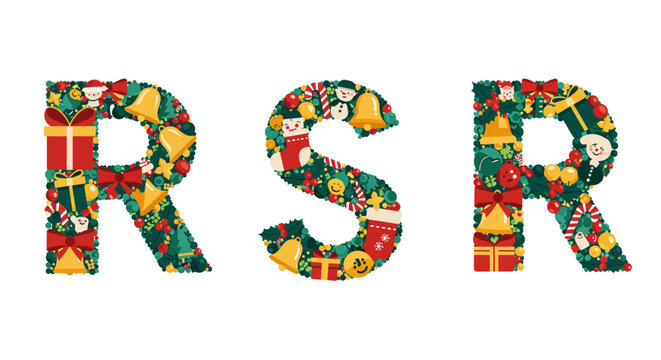 Festive letters RSR filled with Christmas ornaments and gifts.