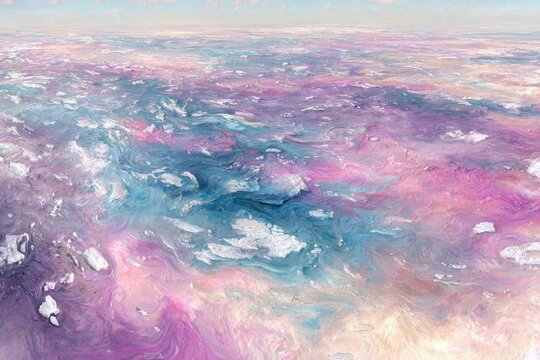 Abstract aerial view of a textured, colorful landscape.  Soft pastel hues of pink, purple, blue, and white create a dreamlike, ethereal scene - Powered by Adobe