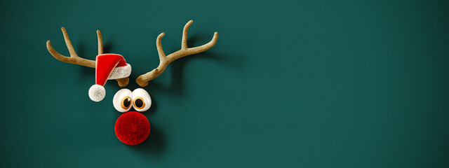 Reindeer with red nose and Santa hat on blue Christmas background. Christmas greeting card design. 3D Rendering, 3D Illustration