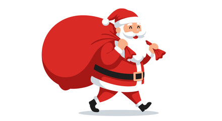 A cheerful cartoon illustration of Santa Claus carrying a large red sack of gifts over his shoulder, walking with a smile.
