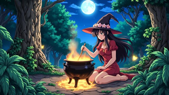 Enchanting witch brewing potion under full moon in a mystical forest surrounded by vibrant greenery and glowing fire
