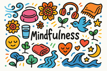 Naklejka premium Mindfulness, relaxation doodle icon set. self-care, meditation icons in filled style
