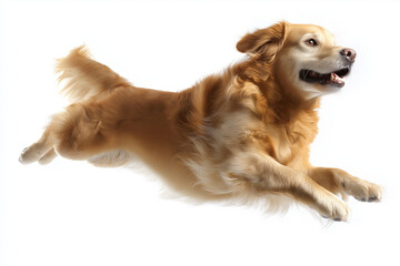 Playful golden retriever leaps joyfully against white background, showcasing its fluffy fur and energetic spirit. dog expression is full of excitement and vitality