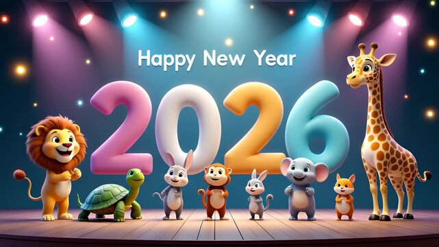 Colorful cartoon animals celebrating New Year 2026 with festive decorations and vibrant stage lights