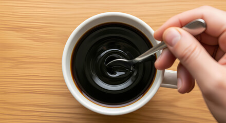 A hand stirring a cup of black coffee creating a beautiful vortex an action shot of a morning routine or a coffee break with copy space on the table