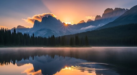Fototapeta premium Serene Mountain Sunrise Over Calm Lake.