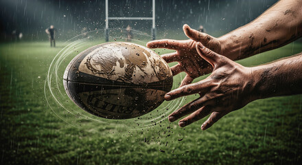 A rugby player's muddy hands catching a spinning ball during a tough game an action shot of teamwork and determination with copy space on the field