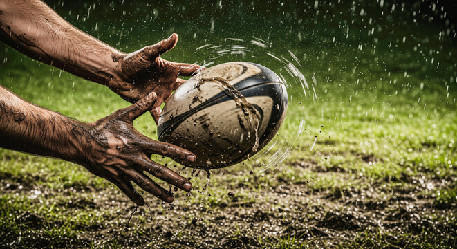 A rugby player's muddy hands catching a spinning ball during a tough game an action shot of teamwork and determination with copy space on the field - Powered by Adobe
