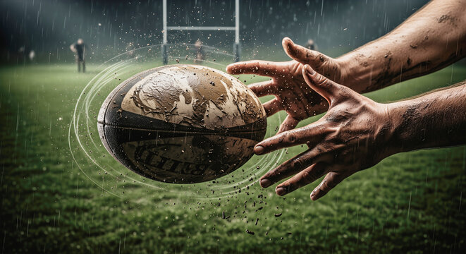 A rugby player's muddy hands catching a spinning ball during a tough game an action shot of teamwork and determination with copy space on the field
