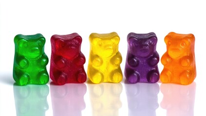 Five colorful gummy bears in a row, reflecting on a white surface