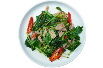 Thai food stir-fried pork translucent white background