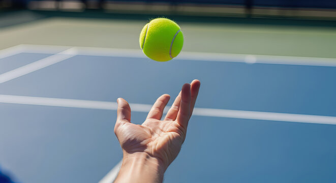 A tennis player's hand tossing a ball for a powerful serve an action shot of a professional match and athletic skill with copy space on the court