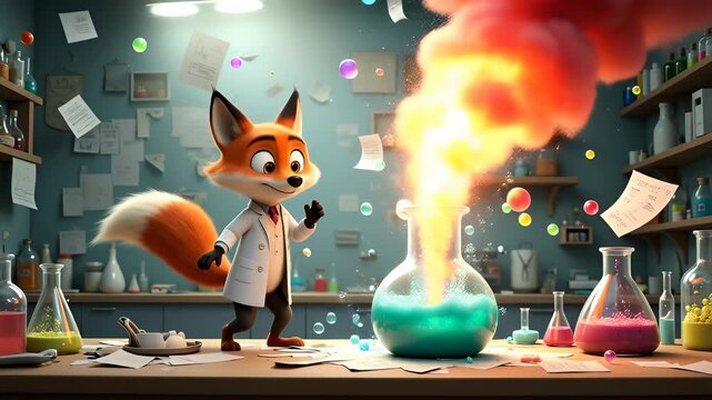 Cartoon fox scientist lab coat watches bubbling chemistry experiment with colorful beaker explosions, flying papers chaotic