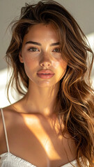 Natural beauty of young woman with thick wavy hair swept to one side illuminated by warm sunlight in elegant digital portrait perfect for lifestyle and fashion concepts