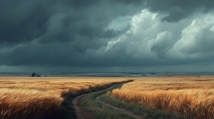 A winding dirt road cuts through a golden wheat field under an ominous, dramatic sky filled with dark, swirling clouds before an approaching storm is coming.