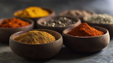 taste. Artisanal collection of dried herbs and spices in wooden bowls, emphasizing natural culinary ingredients. menu design.