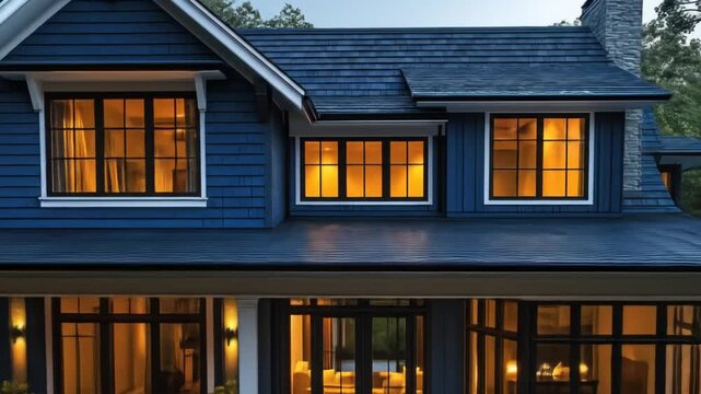 Blue house exterior evening